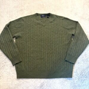 Allen Solly Men Cashmere Cable Knit V-Neck Sweater Olive Green M Prep Old Money